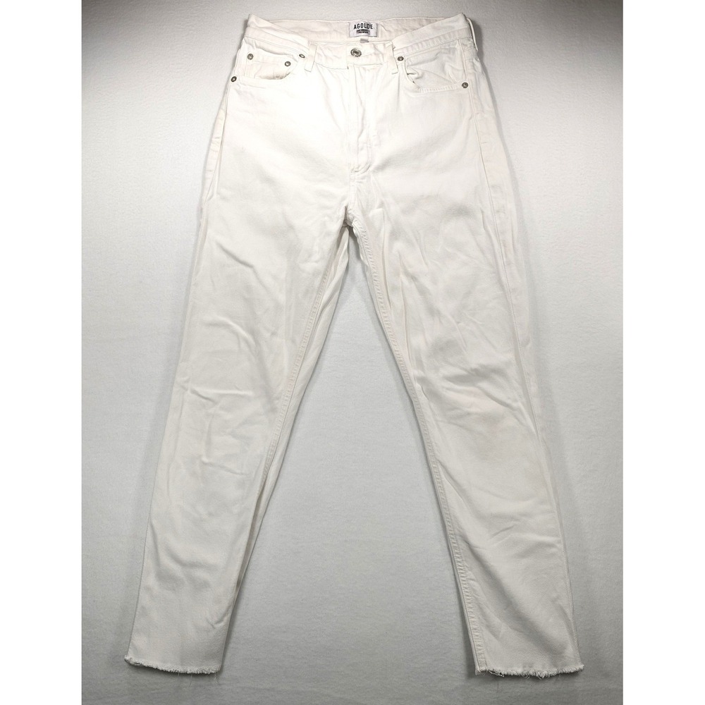 AGOLDE‎ White High Rise Button Fly Raw Hem Tapered Jeans Size 28
